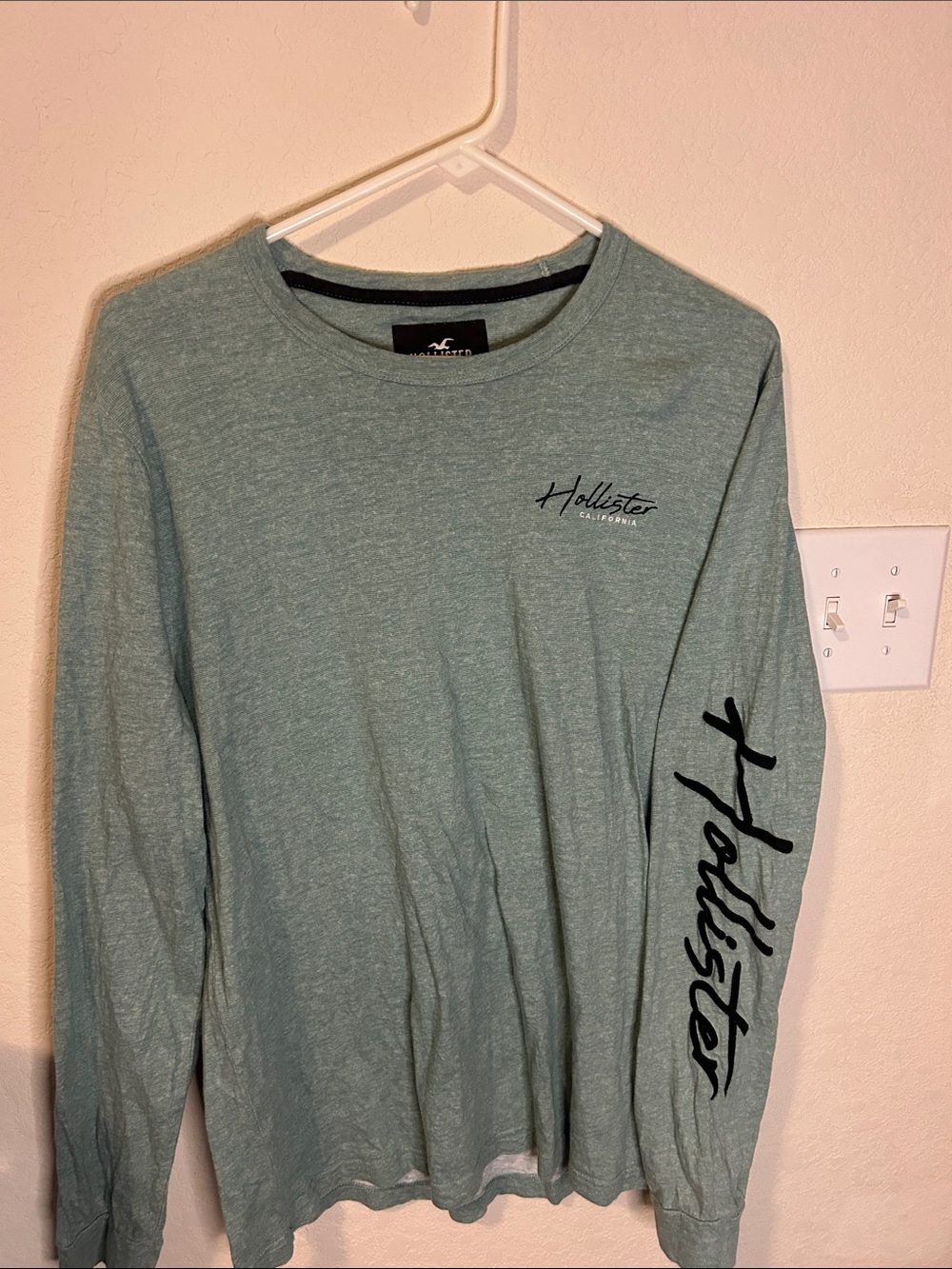 Hollister Men's Long Sleeve Crewneck Shirt - Light Sage Green with Black Logo